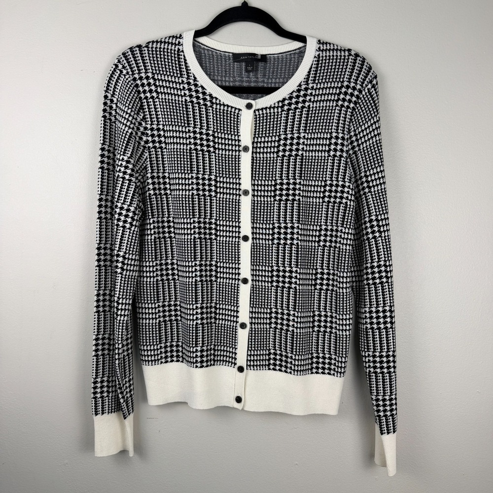 Ann Taylor Cardigan Sweater Women L Black White Houndstooth Classic Button Front